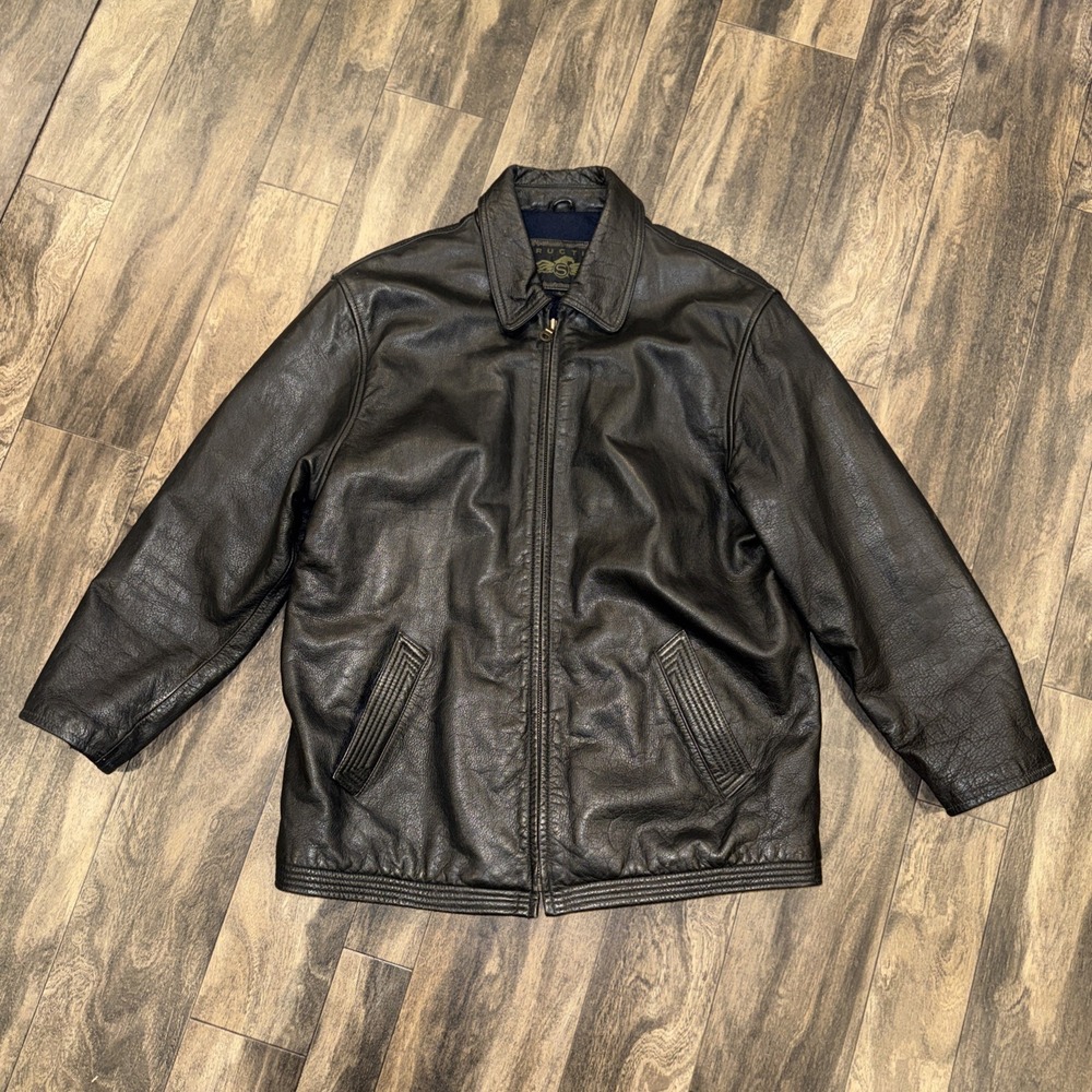Vintage Stucture Geniune‎ Leather Jacket Full-Zip Collared Men's Size L Pockets
